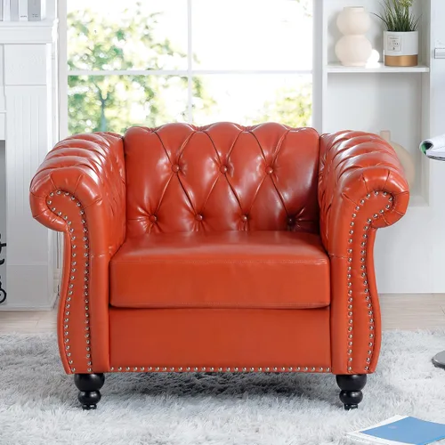 Vista 19 de Muebles de sofá Chesterfield de tela de 85 pulgadas, sofá tapizado con respaldo copetudo, brazo enrollable, sofá Chesterfield clásico para sala