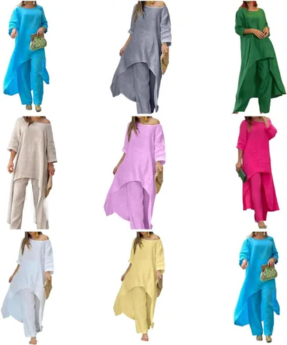 Vista 3 de ZOCANIA Conjunto de dos piezas para mujer, de manga larga, sin botones, de lino, irregular, para otoño, casual, cuello redondo