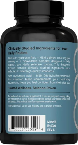 Vista 2 de NeoCell Ácido hialurónico con MSM 1000mg 120 Cápsulas Suplemento de fórmula avanzada Ingredientes clínicamente estudiados