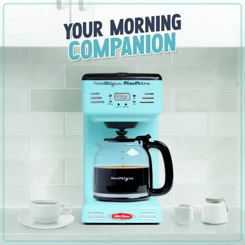 Vista 3 de Nostalgia Cafetera programable retro de 12 tazas con pantalla LED, apagado automático y mantiene el calor, función de pausa y servicio, aguamarina