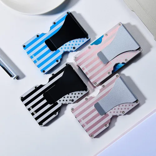 Vista 6 de Cartera minimalista pequeña tarjetero delgado bolsillo frontal cartera RFID bloqueo clip dinero mujeres hombres, Y_Bandera azul, Minimalista