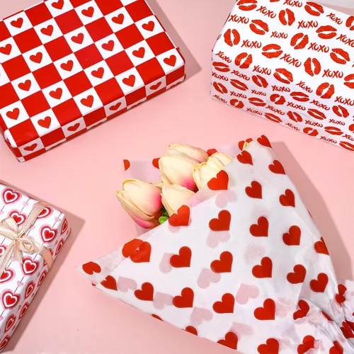 Vista 3 de JarThenaAMCS 100 hojas de papel de seda para el día de San Valentín, a granel, 10 diseños de corazón rojo de amor, cupido, lunares, hojas de papel