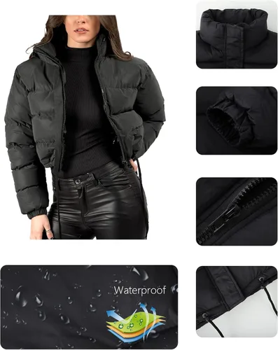 Vista 5 de Arssm Chaqueta acolchada recortada para mujer, ligera, de invierno, abrigos, abrigos, con cordón, acolchados, ropa de abrigo