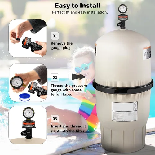 Vista 3 de Válvula de alivio de aire manual para filtros de piscina y spa, válvula de alivio de aire para filtro de piscina con manómetro de repuesto, válvula