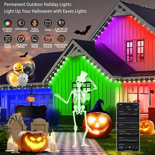 Vista 3 de Luces exteriores inteligentes permanentes para casa, IP67 impermeables con 54 escenas, 50 pies de luces LED RGB+IC para casa al aire libre todo