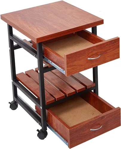 Vista 6 de Mesa auxiliar de madera con ruedas junto al gabinete, mesita de noche con 2 cajones para dormitorio, sala de estar