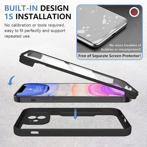 Vista 8 de Funda compatible con iPhone 11, diseño transparente de cuerpo completo con protector de pantalla integrado, a prueba de golpes, antiarañazos, Negro