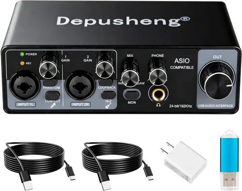 Vista 9 de Depusheng Interfaz de audio USB con controladores ASIO, 24 bits 192 Khz, alimentación fantasma +48 V, baja latencia para grabación de estudio