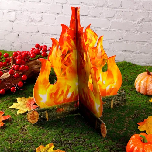 Vista 4 de Boao Juego de 6 decoraciones de llama falsa de fuego falso, decoración de campamento de cartón 3D, llamas artificiales, decoraciones de fuego