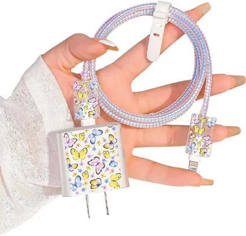 Vista 8 de Bonito protector de cable para cargador de Apple, bonito diseño de flores y mariposas, cable de datos USB, protector de cargador de teléfono