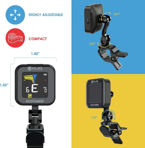 Vista 5 de KLIQ EcoTuner - Afinador de clip recargable USB para todos los instrumentos (con cable de carga incluido) Afinadores de clip KLIQ
