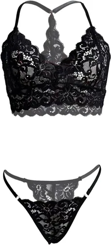 Vista 5 de Lencería de talla grande para mujer, sexy, traviesa, conjunto de brasier de encaje y bragas, bralette halter, ropa interior de 2 piezas