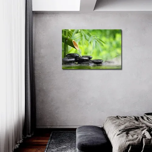 Vista 2 de Naturaleza muerta de spa verde con fuente de bambú y piedra zen en agua pintura de pared la imagen impresión en lienzo imágenes botánicas
