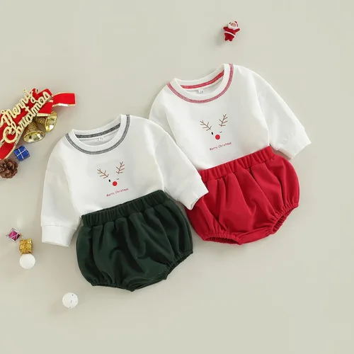 Vista 2 de Conjunto de ropa para bebé niña de otoño e invierno con sudadera de manga larga y pantalones cortos Bloomer