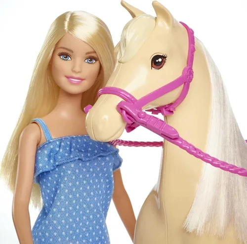Vista 3 de Barbie Playset con muñeca rubia de moda en atuendo de montar y caballo castaño claro con silla, brida y riendas (exclusivo de Amazon)