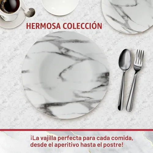 Vista 3 de Safdie & Co. - Juego de vajilla de mármol de 16 piezas, porcelana, color blanco