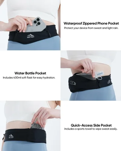 Vista 2 de Zelvot Cinturón de Correr con Riñonera Ajustable de 400ml Suave, Riñonera de Correr con Soporte para Teléfono y Toalla de Gimnasio, Bolsa de Cintura