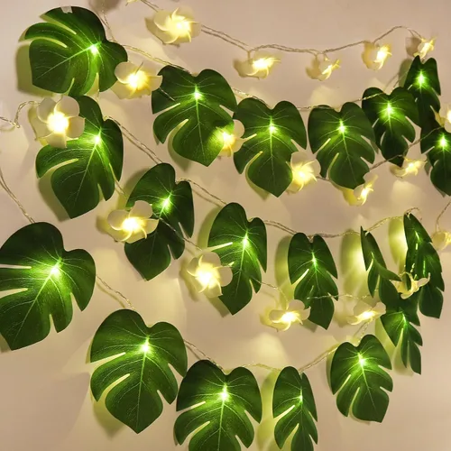 Vista 23 de RECUTMS 20LED Luces de Cadena de Hojas de Monstera, Hojas Artificiales de Palmera de Ratán Tropical, Enredadera Verde Colgante para Pared
