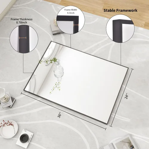 Vista 6 de BEAUTYPEAK - Espejo de pared de baño de 24 x 36 pulgadas con marco de metal, color negro Espejo rectangular con colgante horizontal o vertical