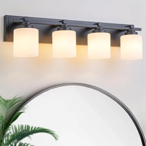 Vista 20 de 1 Luminaria Moderna de Baño sobre Espejo, Luces de Tocador Negro Dorado para Apliques de Pared de Baño con Pantallas de Vidrio Blanco Lechoso
