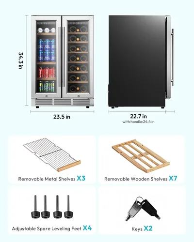 Vista 8 de EUHOMY Refrigerador de vino y bebidas, enfriador de vino de doble zona de 24 pulgadas con puerta de vidrio que contiene 21 botellas y 88 latas