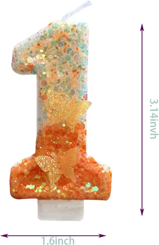 Vista 2 de Vela número 1, vela de mariposa naranja 1 cumpleaños número 1 velas 1 para pasteles velas suministros de fiesta