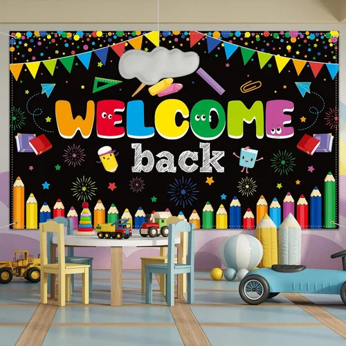 Vista 7 de Tatuo Cartel de bienvenida de vuelta a la escuela, cartel grande de tela para el primer día de escuela, cartel de bienvenida, tablón de anuncios
