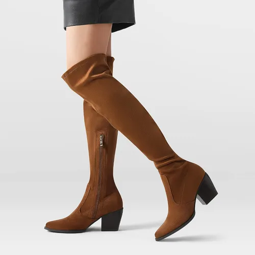 Vista 5 de DREAM PAIRS Botas vaqueras altas por encima de la rodilla para mujer, largas, elásticas, con tacón bloqueado, punta puntiaguda, botas occidentales