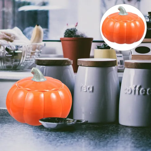 Vista 9 de Luxshiny Recipiente con forma de calabaza, tarro de almacenamiento de té, tarro de cerámica para dulces con tapa, contenedor de comida de calabaza