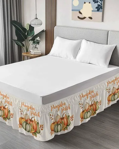 Vista 3 de Falda de cama con parches de calabazas, tamaño Queen de 16 pulgadas de caída, ajustable y elástica, plisada, con volantes de polvo de lujo para cama