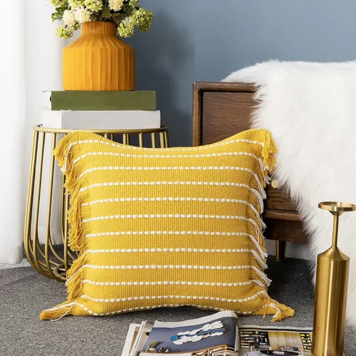 Vista 9 de LIGICKY Fundas de almohada decorativas para el hogar, estilo bohemio, con borlas, cuadradas, de algodón, a rayas, para sofá, dormitorio, sala