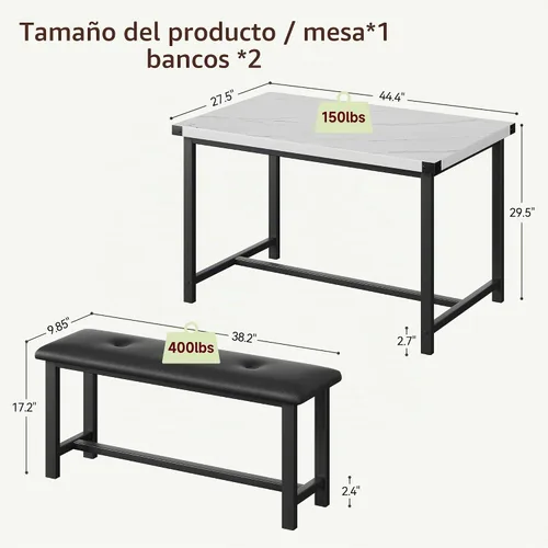 Vista 7 de IDEALHOUSE Juego de mesa de comedor para 4, mesa de cocina con 2 bancos tapizados, juego de mesa de comedor rectangular, juego de mesa de cocina