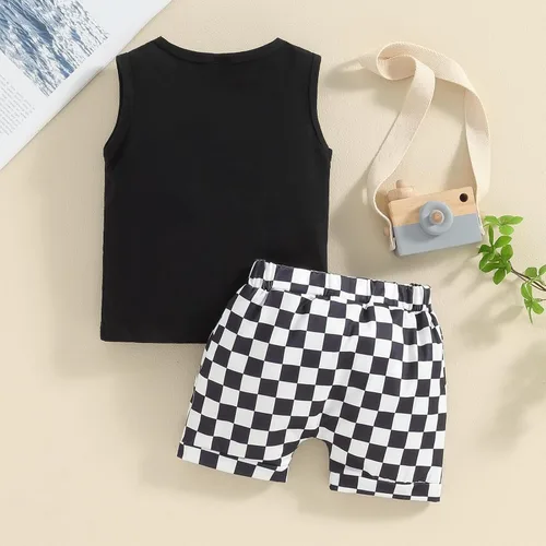 Vista 17 de Ropa de bebé niño sin mangas + pantalones cortos con estampado a rayas con bolsillos, 2 piezas de trajes de verano