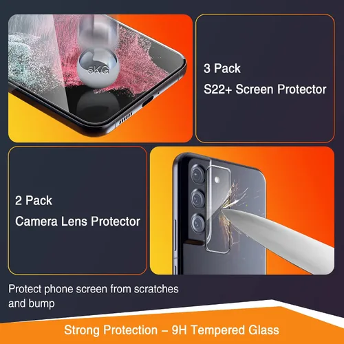 Vista 4 de [Paquete de 3+2] Protector de pantalla para Samsung Galaxy S22 Plus/S22+Plus 5G, protector de pantalla de vidrio templado para Galaxy S22 Plus + 2