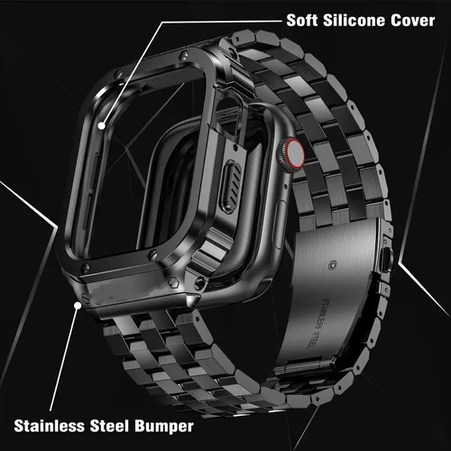 Vista 5 de SUPLINK Estuche de acero inoxidable y correa compatible con Apple Watch de 41 mm, 40 mm, 38 mm, protector de goma resistente para iWatch Apple Watch