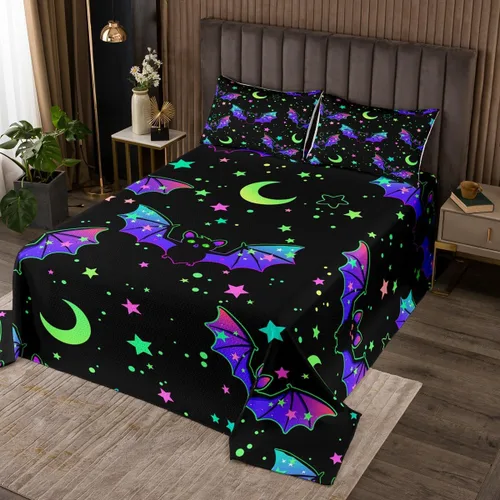 Vista 15 de Erosebridal Juego de colcha de murciélago de Halloween, tamaño individual, estrellas con purpurina y galaxia, para niños, decoración de Halloween