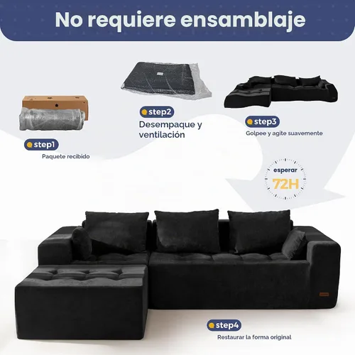 Vista 9 de MAXYOYO - Sofá modular modular en forma de L, sofá de nube sin hueso con otomana flexible, tapizado de felpilla para sala de estar, no requiere Negro