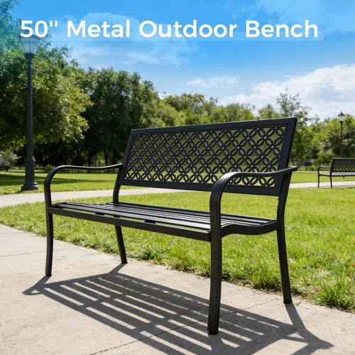 Vista 5 de Grand patio Banco para exteriores de 50 pulgadas, bancos de jardín con marco de metal recubierto de polvo antioxidante, banco de patio para porche