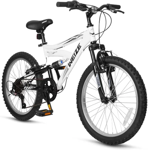 Vista 11 de Bicicleta de montaña para niños WEIZE, bicicletas de 20 y 24 pulgadas para niños de 6 a 14 años, para niños y niñas, con suspensión doble completa