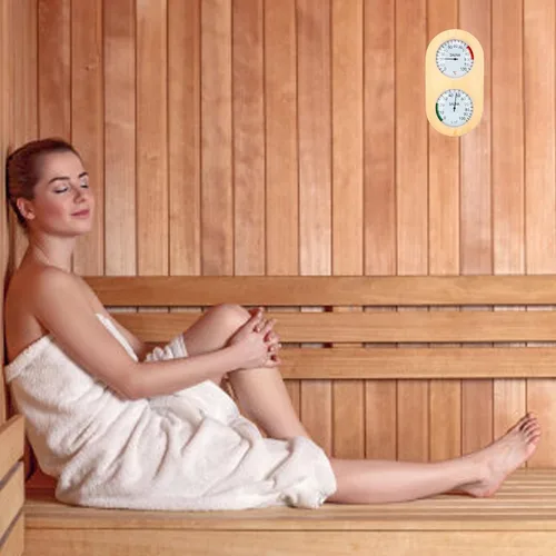 Vista 2 de Asixxsix Sauna Room Thermometer Hygrometer, Wooden 2 in 1 0120 0100% Wall Mounted Sauna Hygrothermograph with Clear Glass Cover, for Steam Room