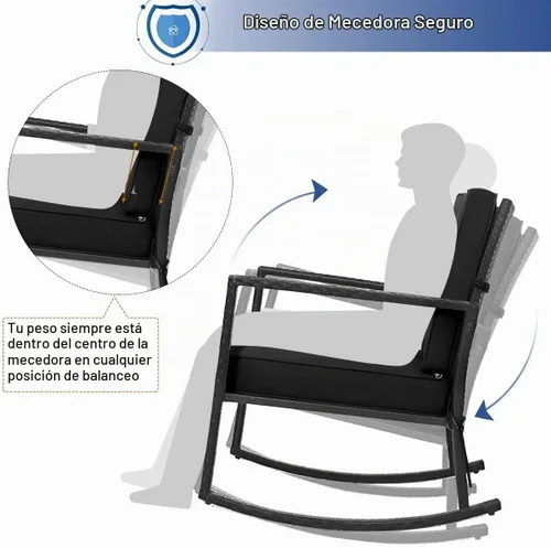 Vista 6 de HAPPYGRILL Mecedora de mimbre, silla mecedora de patio al aire libre con marco resistente, cojín grueso, mecedora de ratán para patio trasero Negro