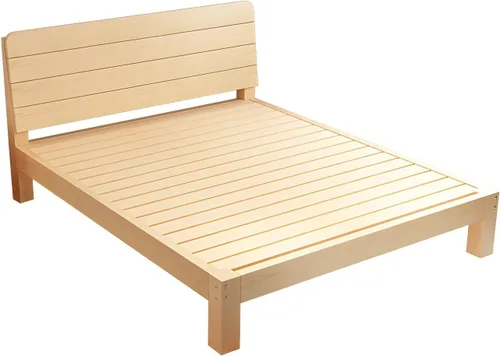 Vista 6 de LITFAD Base de cama de plataforma de madera de pino contemporánea, marco de cama natural con cabecero, listones de madera de soporte