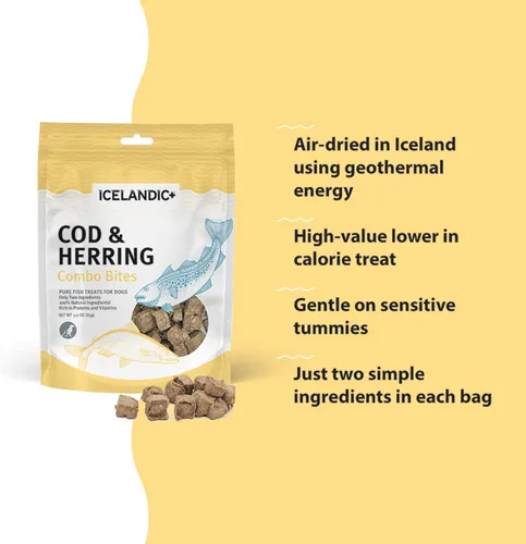 Vista 5 de Icelandic+ Bacalao y arenque Combo Bites Dog Treat Bolsa de 3.0 onzas Air-Dried Sustainably Sourced Fish Snacks, High Omega-3 for Skin & Coat