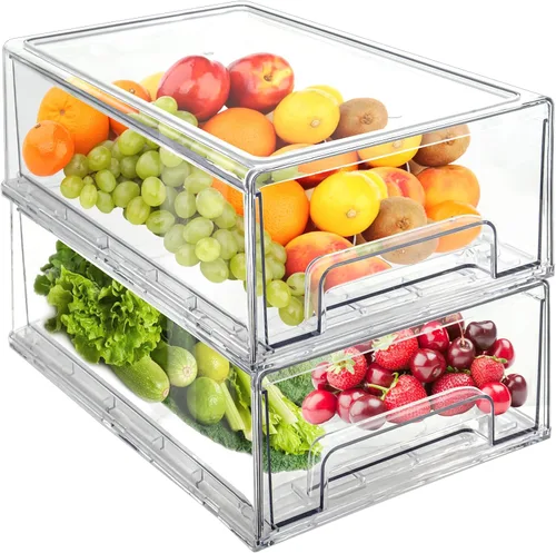 Vista 8 de Paquete de 2 cajones apilables para refrigerador, contenedores extraíbles transparentes, organizador de cajón para refrigerador, contenedores