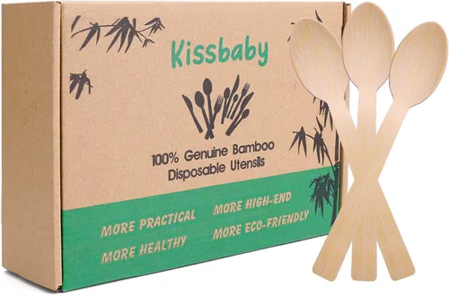 Vista 9 de Utensilios de bambú -100 PK (50 tenedores, 25 cucharas, 25 cuchillos) 6.7 pulgadas, tenedores compostables, cucharas, cuchillos, cubiertos de bambú