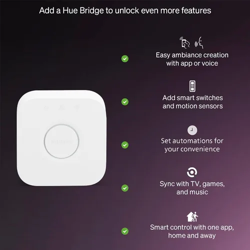 Vista 6 de Philips Hue Essential - Bombilla LED inteligente A19, ambiente blanco y color, base E26, 8.8W, 2200K-6500K, 800 lúmenes, regulable, funciona