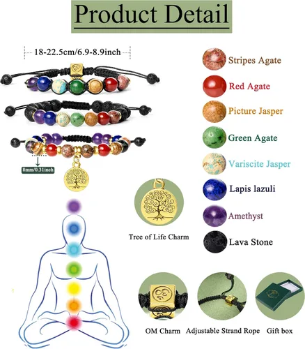 Vista 6 de Pulseras de cuentas de chakras para mujer, 0.315 in, 7 chakras, pulsera curativa con piedras reales, joyería de piedras preciosas para meditación