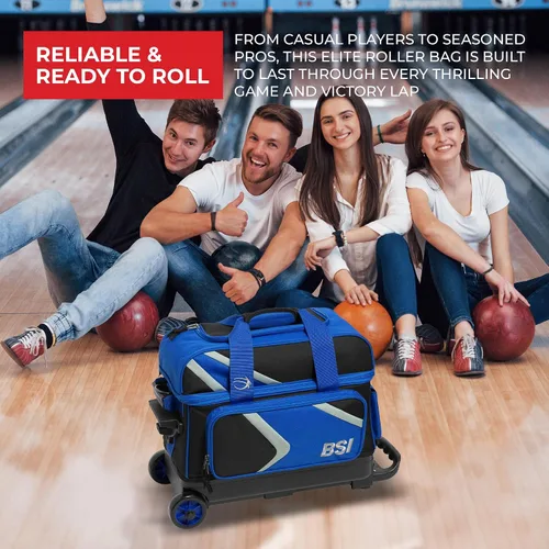 Vista 6 de BSI Dash Roller Bowling Bag with Smooth Rolling Wheels, Padded Ball Compartment, Retractable Locking Handle, & Shoe Pocket Negro/Azul/Gris