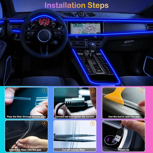 Vista 6 de Tira de luces LED para interiores de automóvil, RGB 6 en 1, kits de iluminación ambiental con fibra óptica de 315 pulgadas, 16 millones