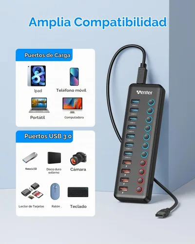 Vista 6 de Wenter Hub USB 3.0 alimentado, divisor de concentrador de 11 puertos